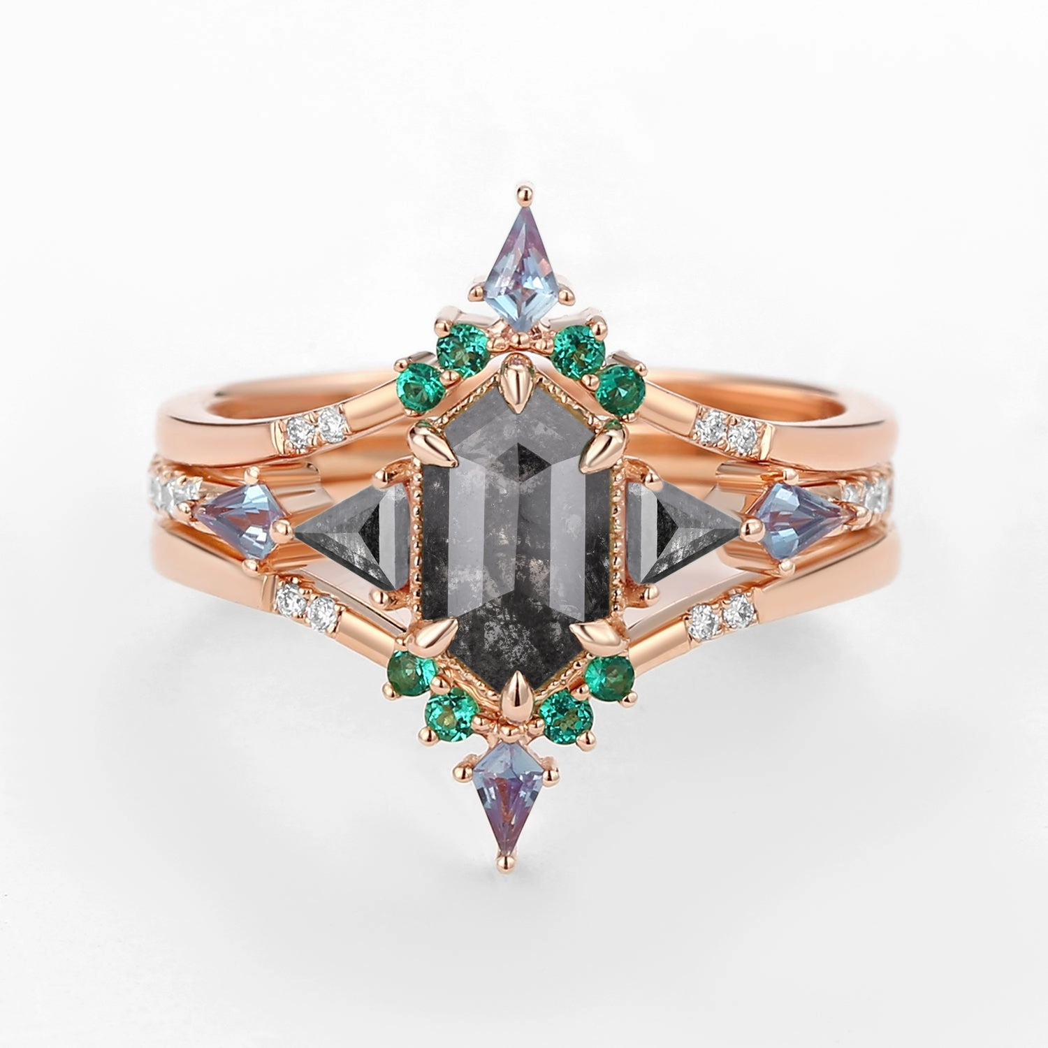 Black Gold Long Hexagon Salt and Pepper Diamond & Opal & Alexandrite & Emerald Engagement Ring Set 3pcs - Max Instant Match Shiny Lines