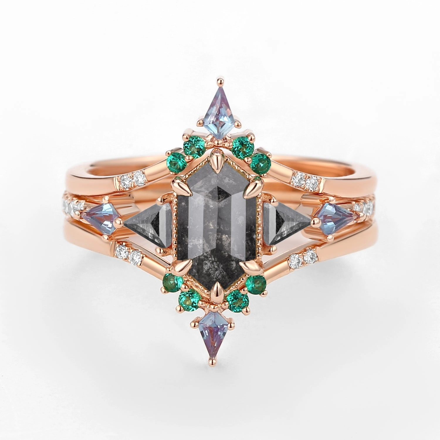 Sculpted Shape Work Ready Black Gold Long Hexagon Salt and Pepper Diamond & Opal & Alexandrite & Emerald Engagement Ring Set 3pcs - Max
