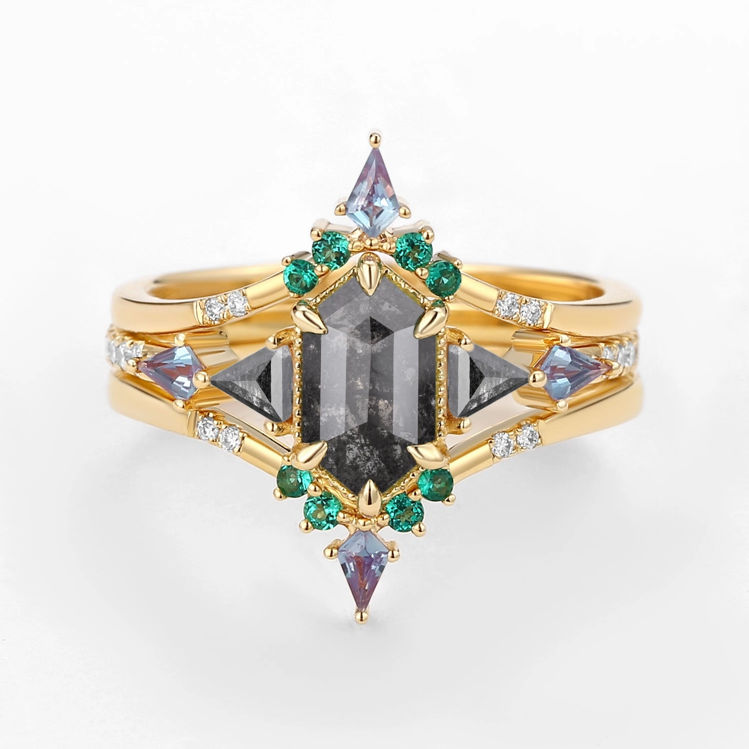 Shimmering Touch Black Gold Long Hexagon Salt and Pepper Diamond & Opal & Alexandrite & Emerald Engagement Ring Set 3pcs - Max