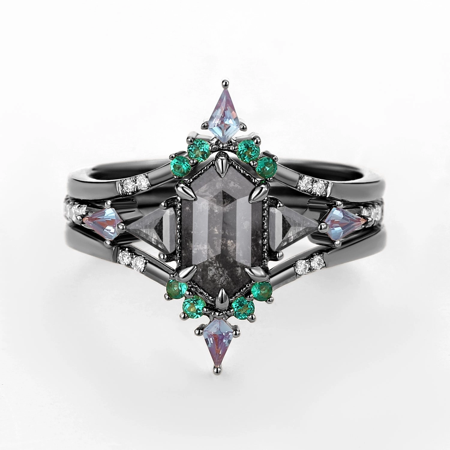 Black Gold Long Hexagon Salt and Pepper Diamond & Opal & Alexandrite & Emerald Engagement Ring Set 3pcs - Max Special Keepsake Holiday Gift