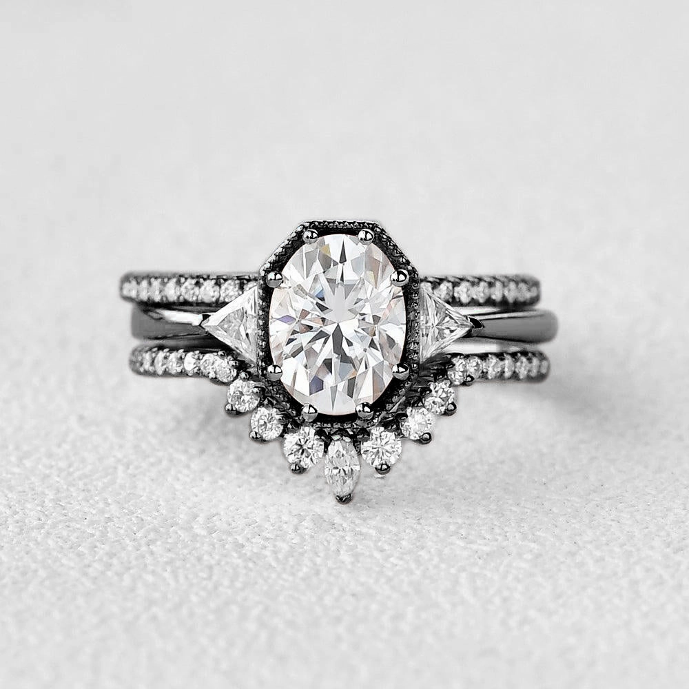 Black Gold Geometric Moissanite Retro Style Ring Set 3pcs Economical Expression Excellent Expression