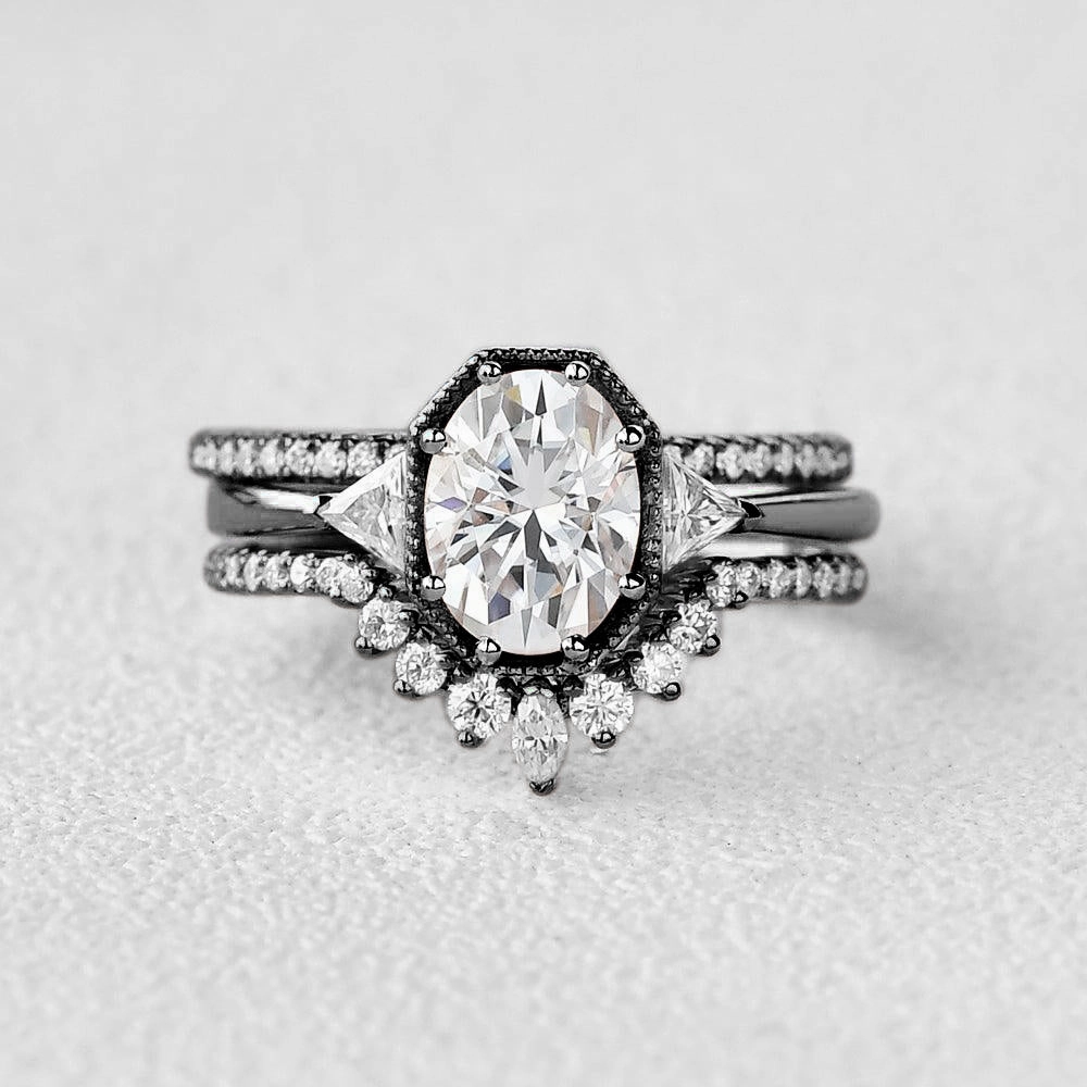 Black Gold Geometric Moissanite Retro Style Ring Set 3pcs Timeless Grace Simple Mark