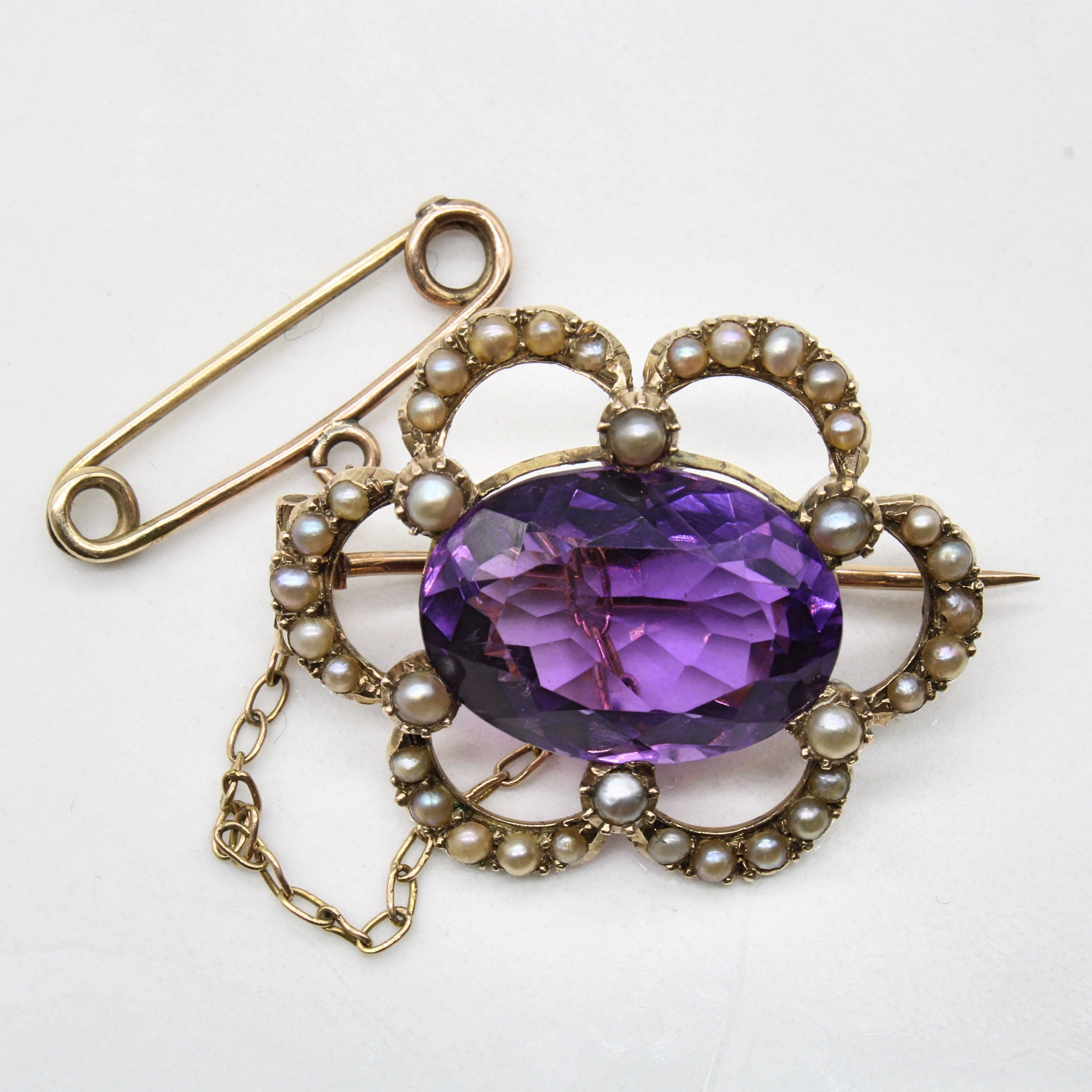 Edwardian Amethyst & Pearl Cloak Clasp | 7.85ct | Casual Gift Personal Shine