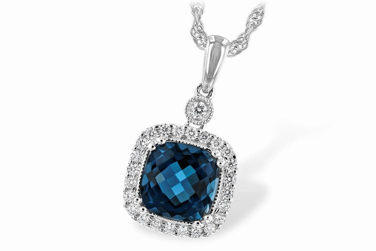 Lovely Jewelry Fashion Icon Cushion Cut Blue Topaz and Diamond Necklace 14K White Gold