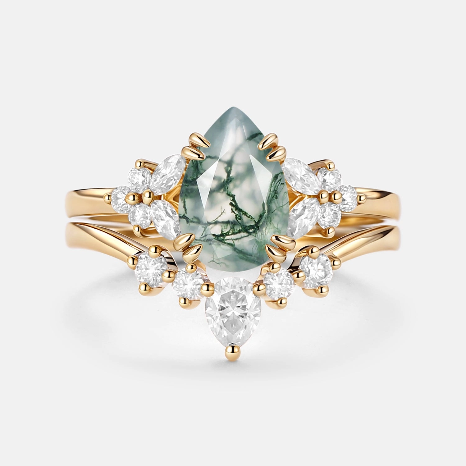 Pear Shaped Moss Agate Cluster Chevron Gold Ring Set 2pcs - Cerys Versatile Look