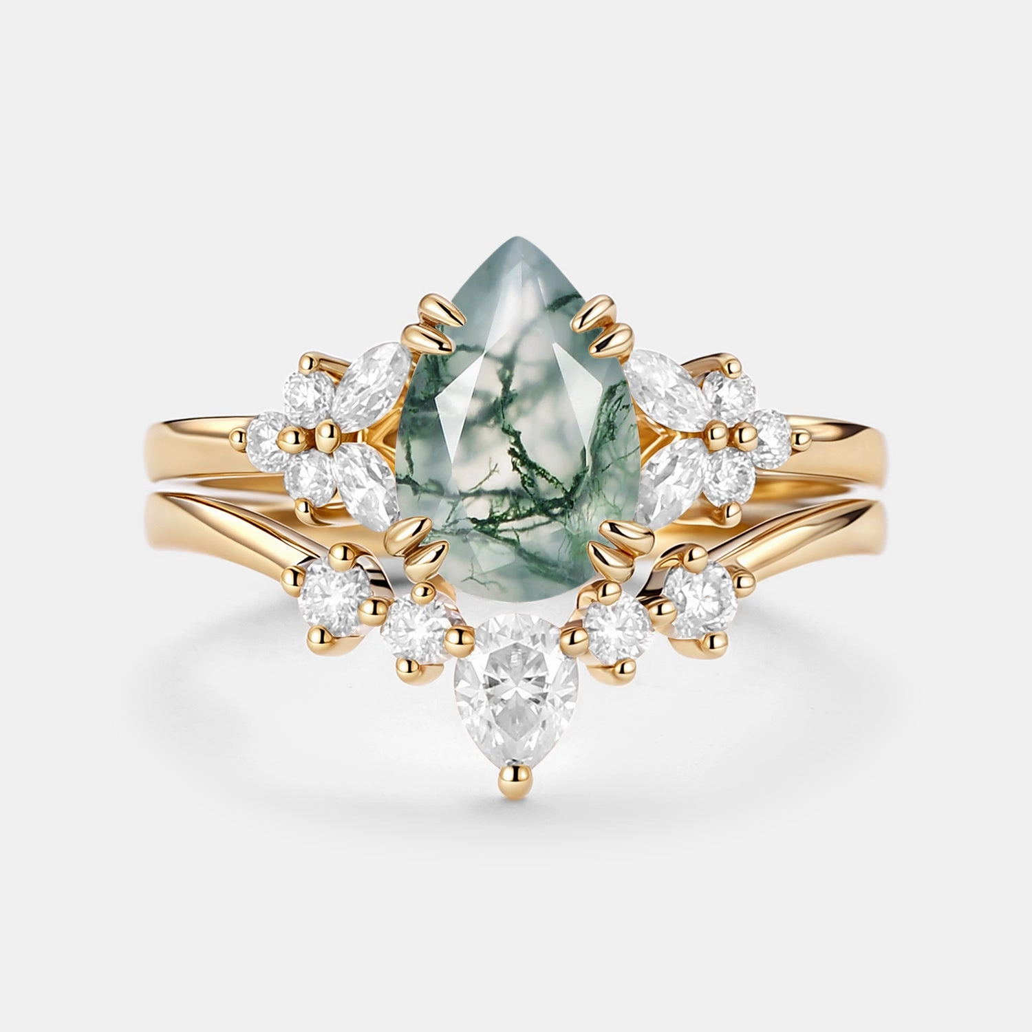 Glam Finish Gift Ready Pear Shaped Moss Agate Cluster Chevron Gold Ring Set 2pcs - Cerys
