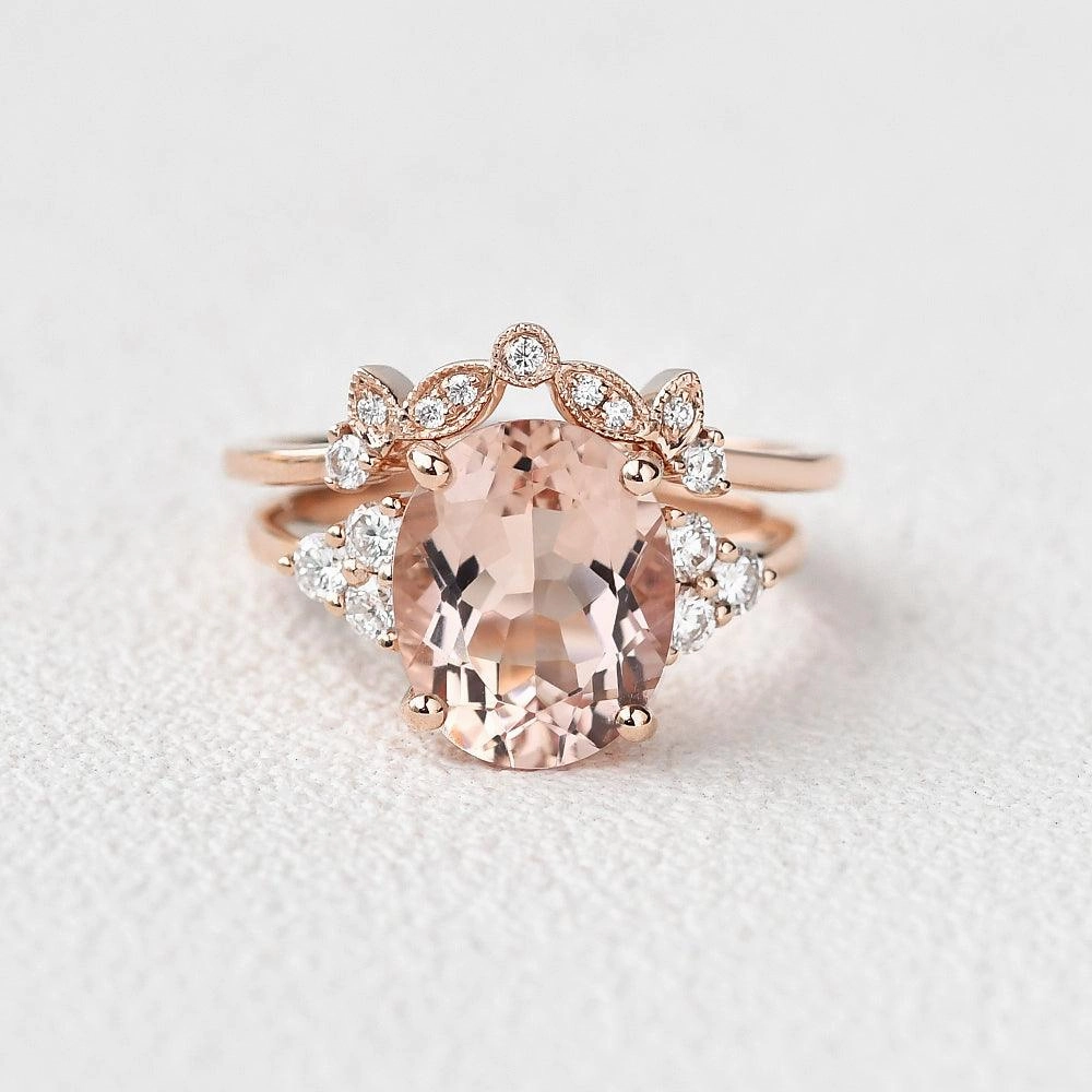 4.75ct Oval Cut Peachy Morganite Rose Gold Ring Set 2pcs Shiny Pieces