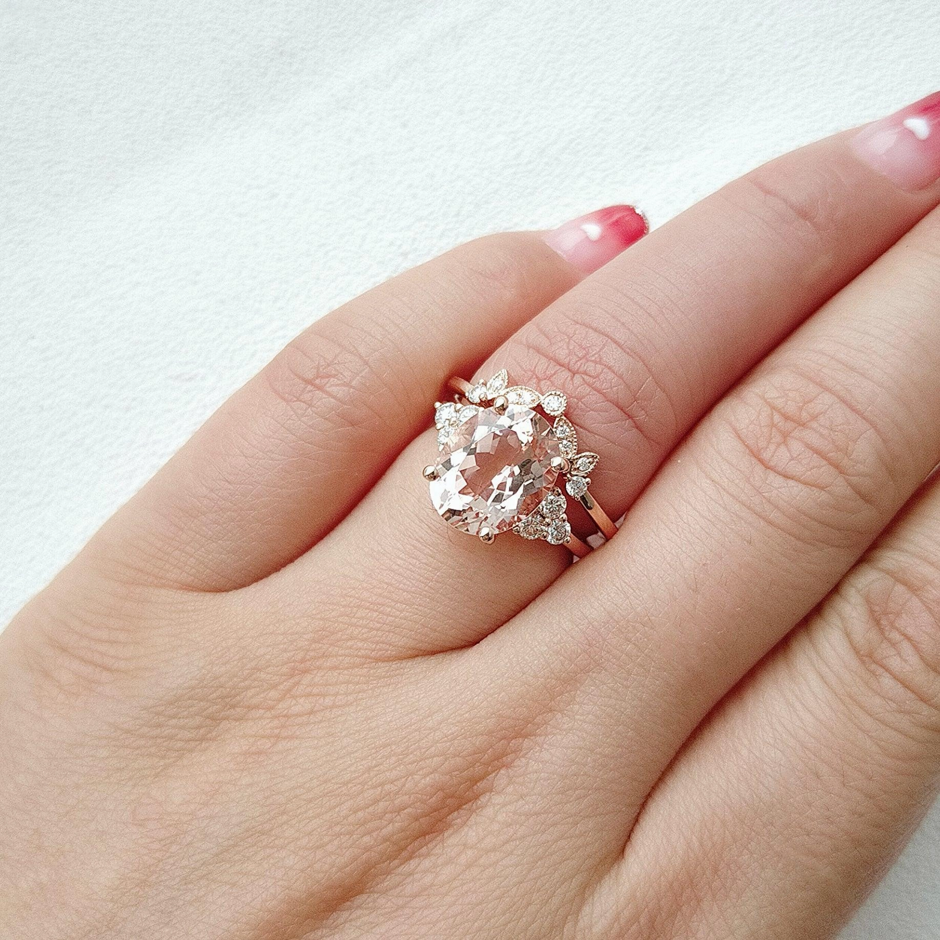 4.75ct Oval Cut Peachy Morganite Rose Gold Ring Set 2pcs Candid Moment