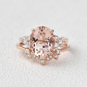 Polished Accent 4.75ct Oval Cut Peachy Morganite Rose Gold Ring Set 2pcs