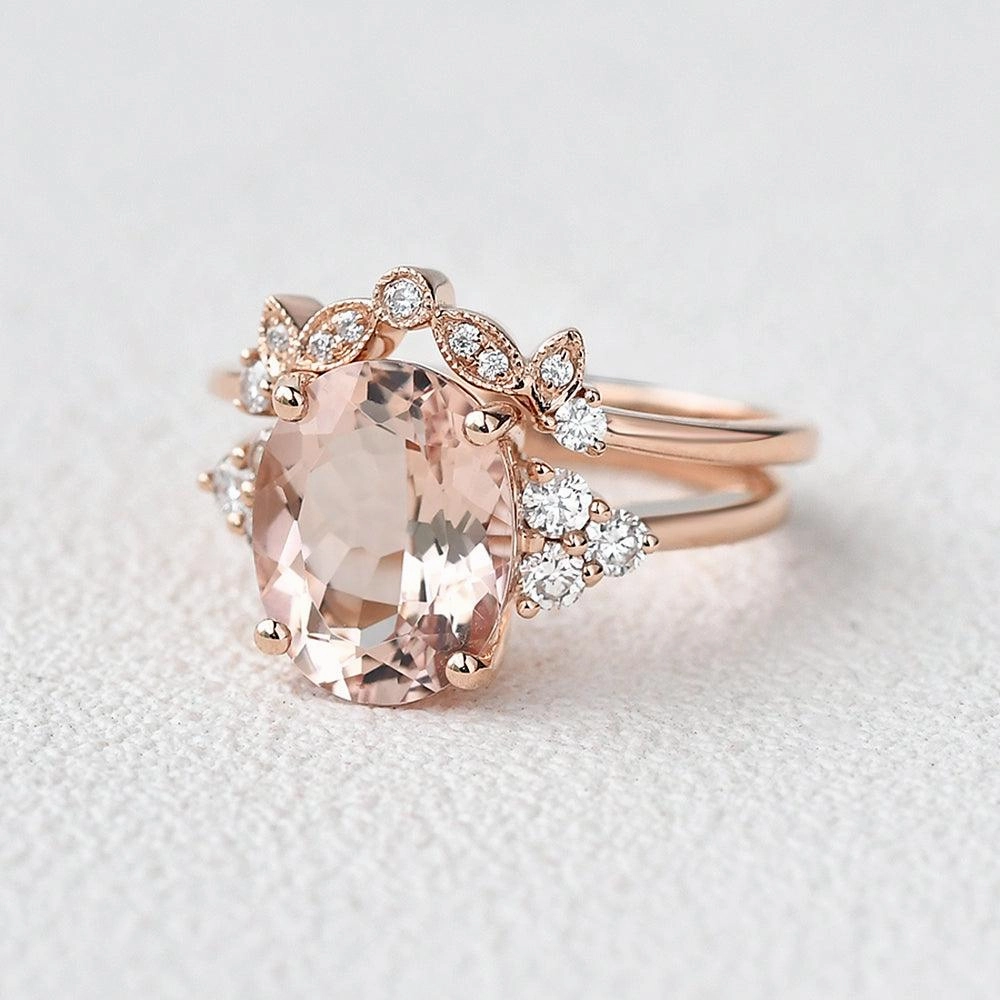 4.75ct Oval Cut Peachy Morganite Rose Gold Ring Set 2pcs Sophisticated Sparkle Chic Pop