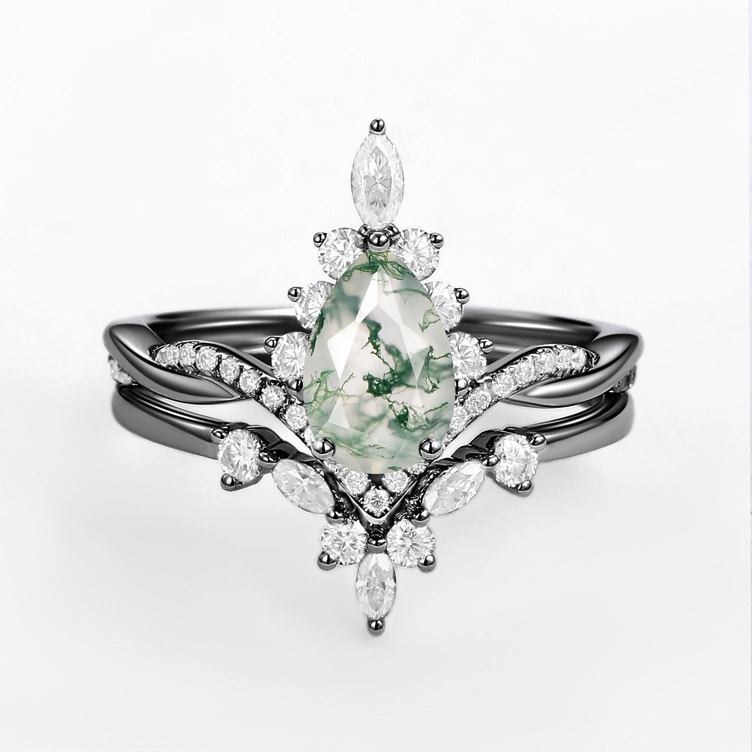 Unique Moss Agate Pear Shape Engagement Ring Sets 2pcs Smooth Touch Industrial Made