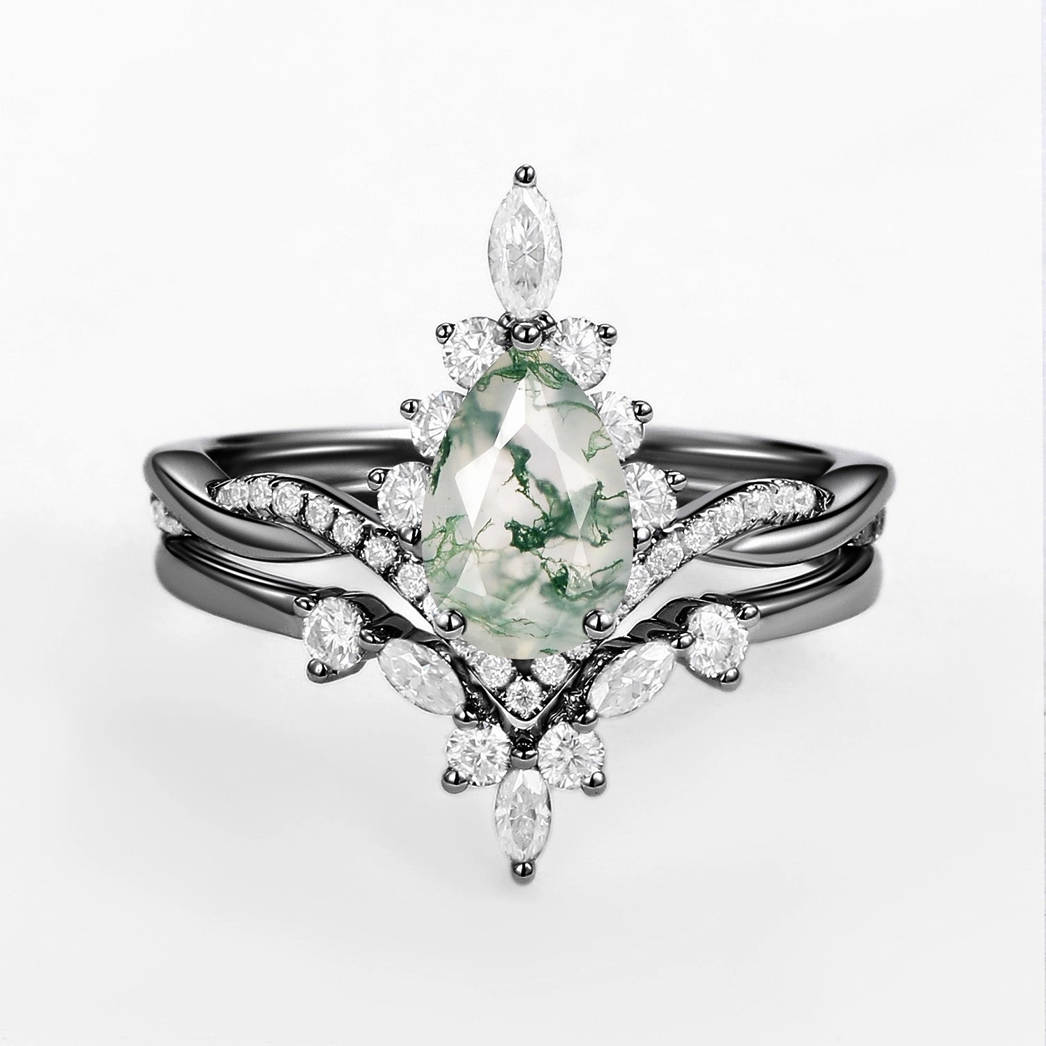 Cozy Glam Unique Moss Agate Pear Shape Engagement Ring Sets 2pcs