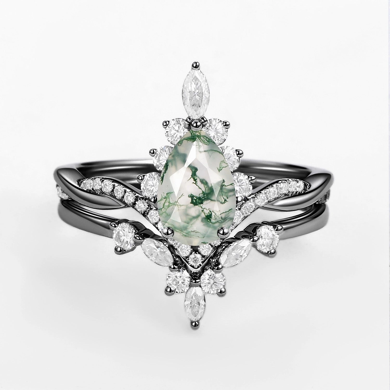 Luxury Feel Neutral Tone Unique Moss Agate Pear Shape Engagement Ring Sets 2pcs
