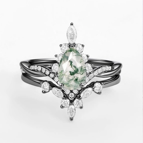 Unique Moss Agate Pear Shape Engagement Ring Sets 2pcs Fine finishing Perfect Accent