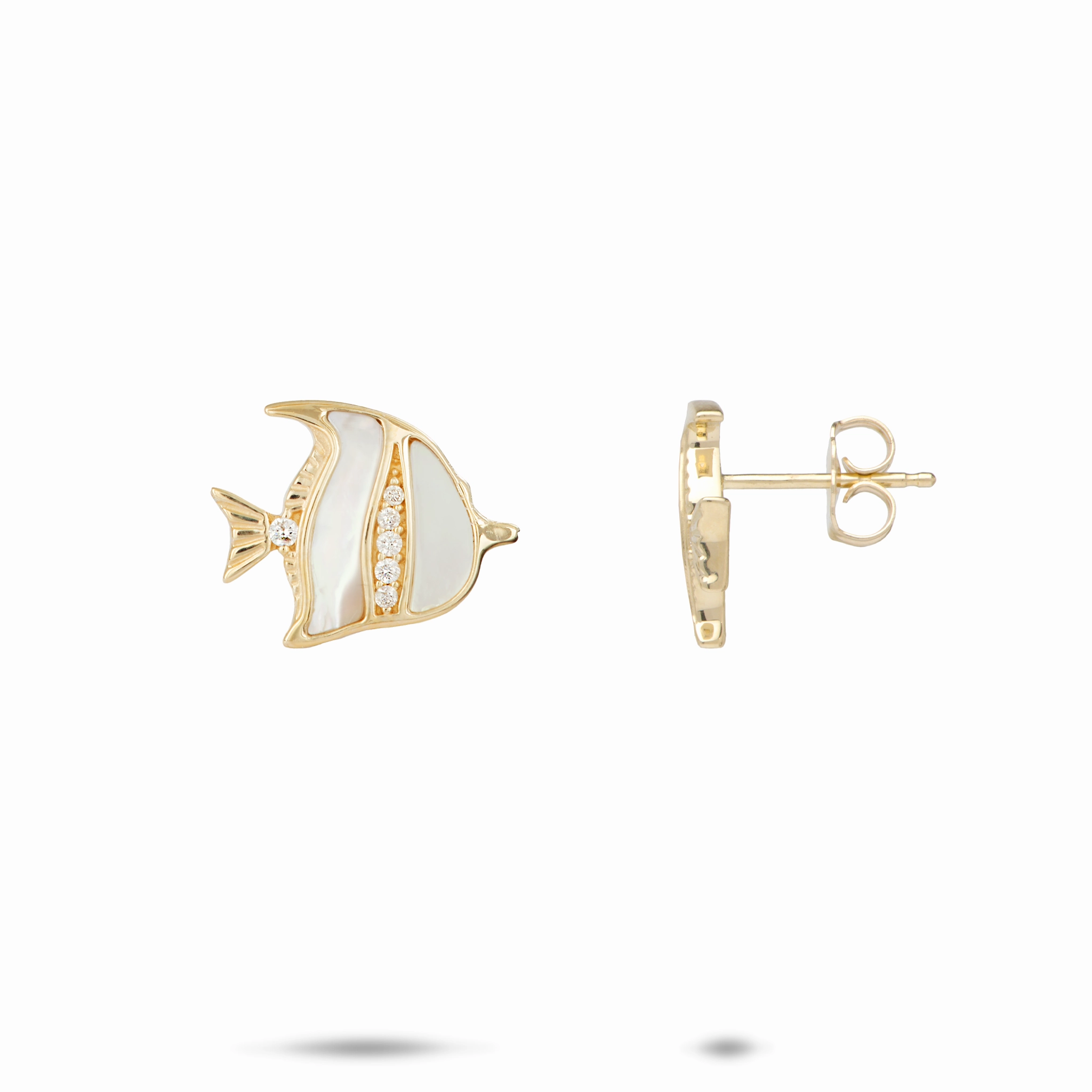 Sealife Angelfish Mother of Pearl Earrings in Gold with Diamonds - 12mm Polished Line