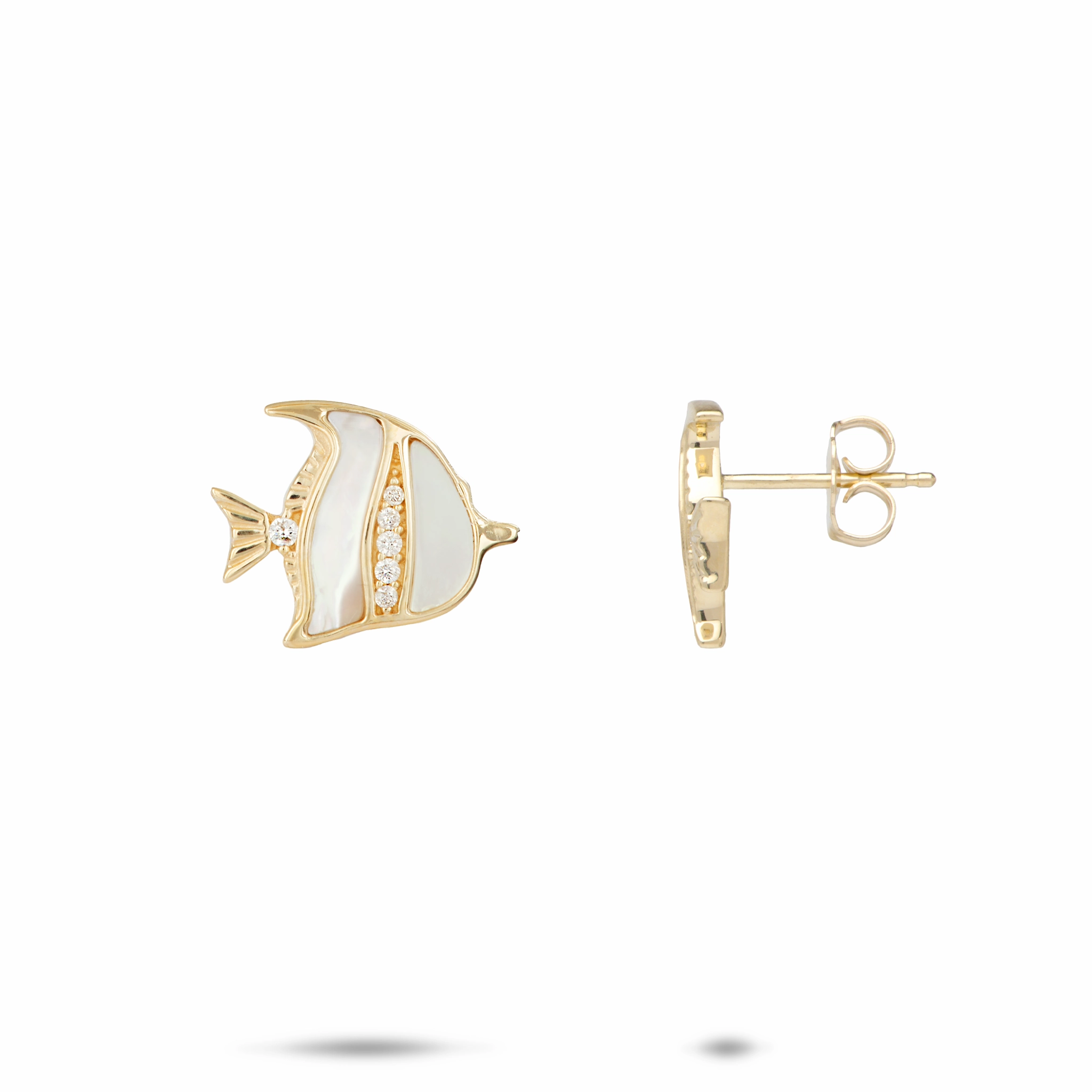 Handcrafted Finish Vivid Accent Sealife Angelfish Mother of Pearl Earrings in Gold with Diamonds - 12mm
