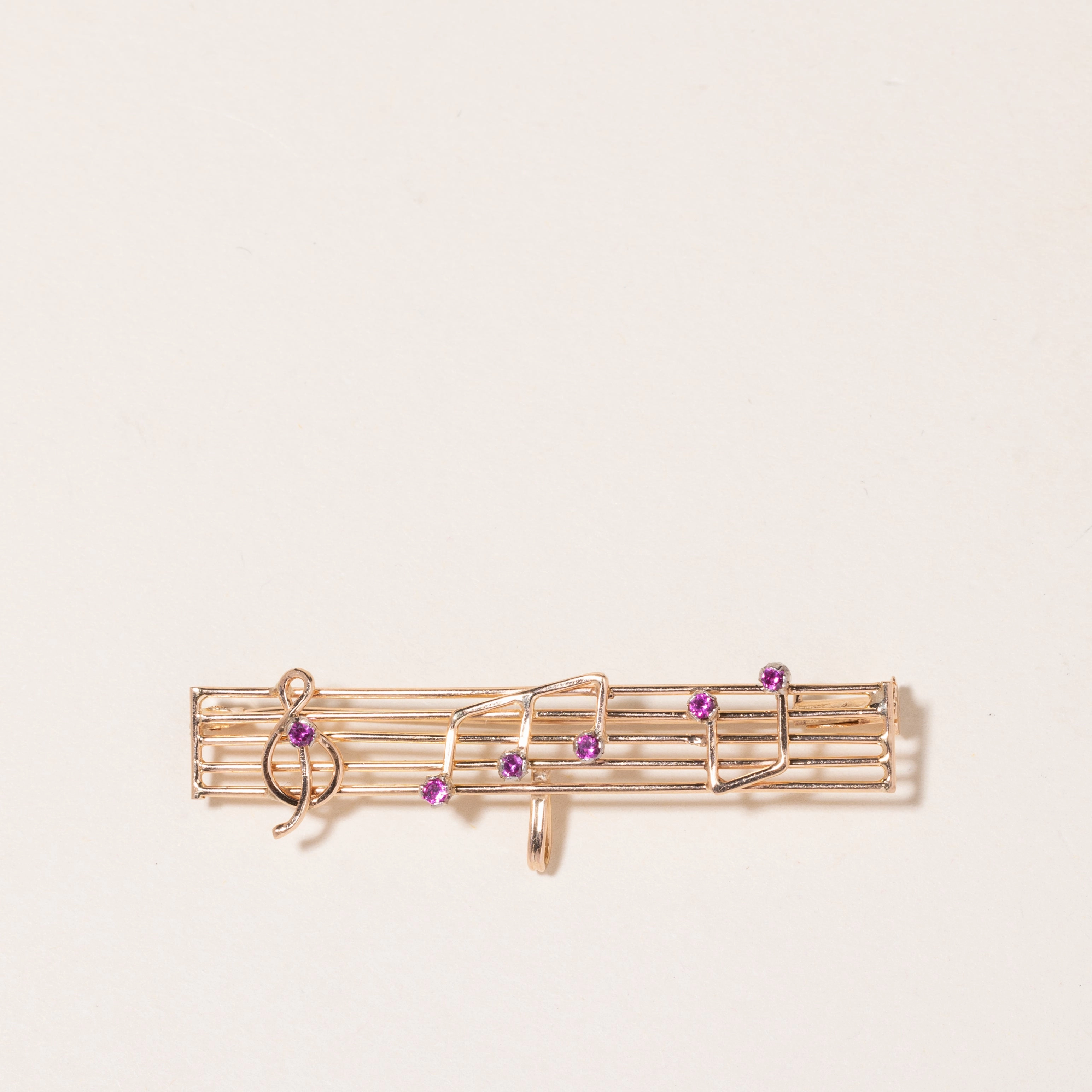 18K Yellow Gold Pink Topaz Music Notes Brooch | 0.14ctw | Subtle Sparkle
