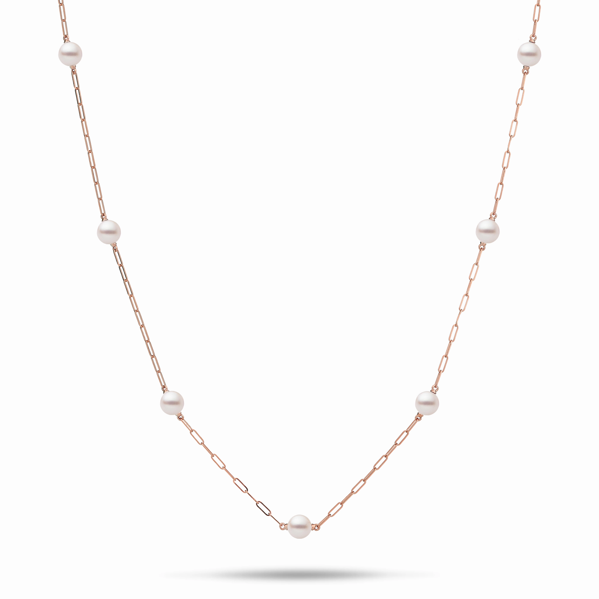 Quick Spark Adjustable 24" Akoya White Pearl Paperclip Chain Necklace in Rose Gold