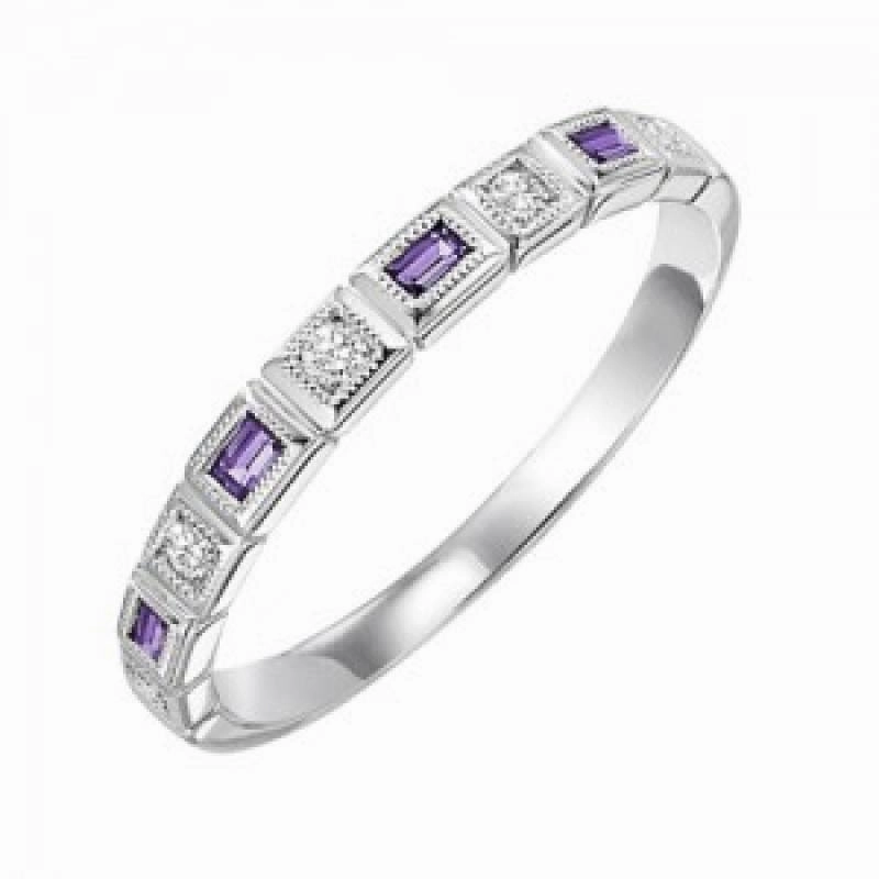Daily Expression Amethyst Birthstone Emerald Cut Diamond Ring 10K White Gold