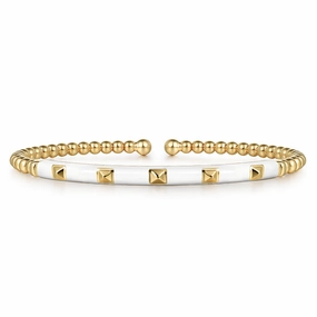 Special Occasion Gift 14K Yellow Gold Bujukan Beads and Pyramid Split Bangle with White Enamel