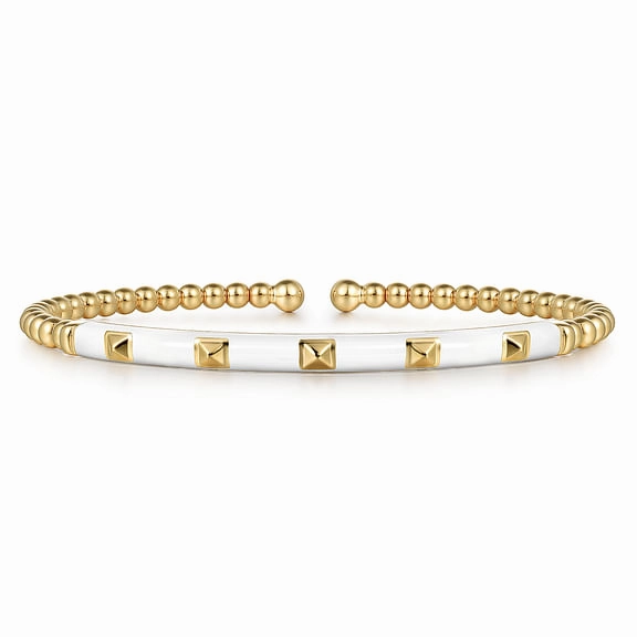 Special Occasion Gift 14K Yellow Gold Bujukan Beads and Pyramid Split Bangle with White Enamel