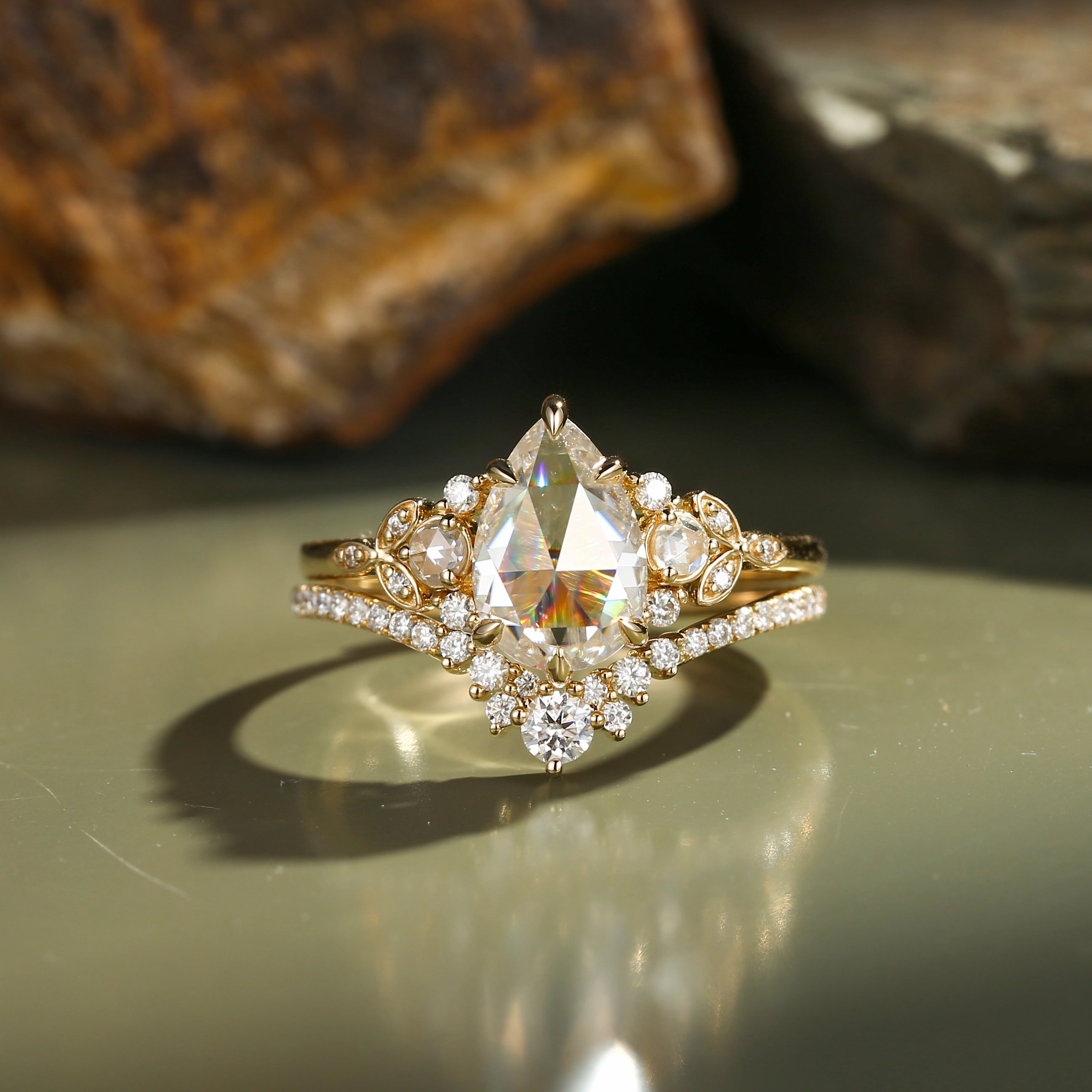 Classic Lines Boho Mood Rose Cut Pear Vintage Moissanite Gold Ring Set 2pcs - Rhea