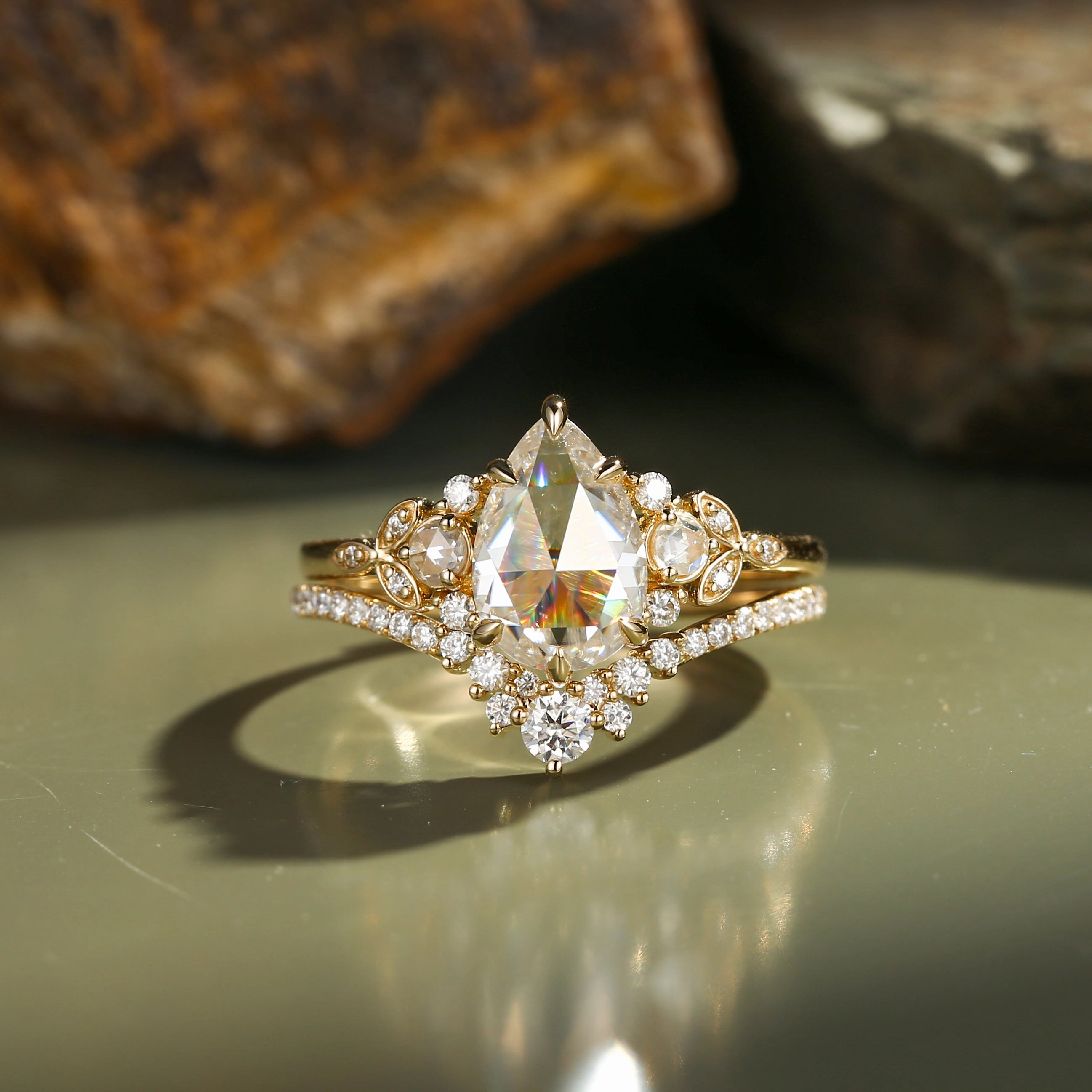 Glamorous Jewelry Soft Appeal Rose Cut Pear Vintage Moissanite Gold Ring Set 2pcs - Rhea