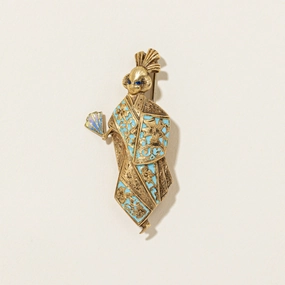 'Hemsley' 18k Antique Traditional Japanese Lady Figure with Fan Enamel Brooch Statement Style