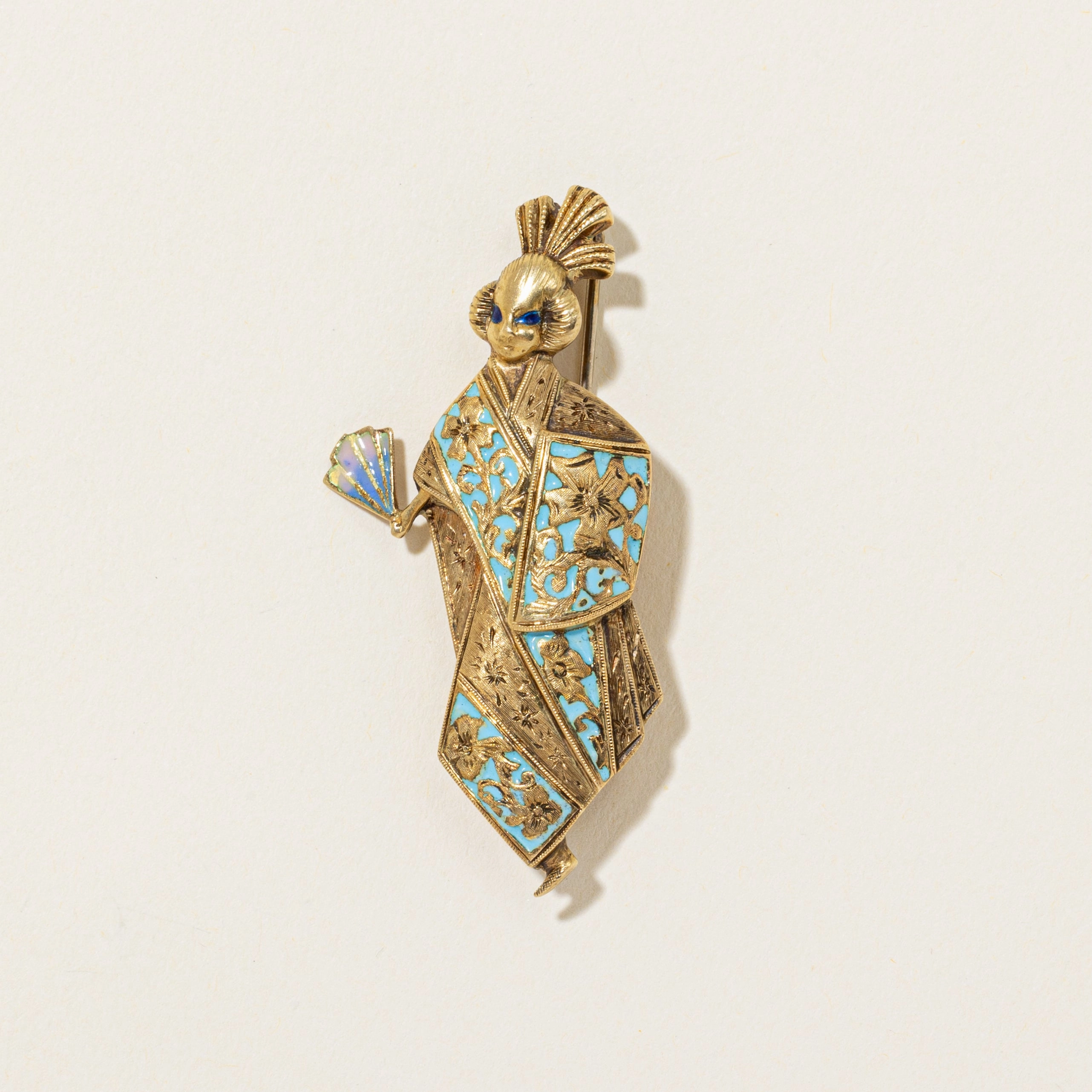 'Hemsley' 18k Antique Traditional Japanese Lady Figure with Fan Enamel Brooch Statement Style