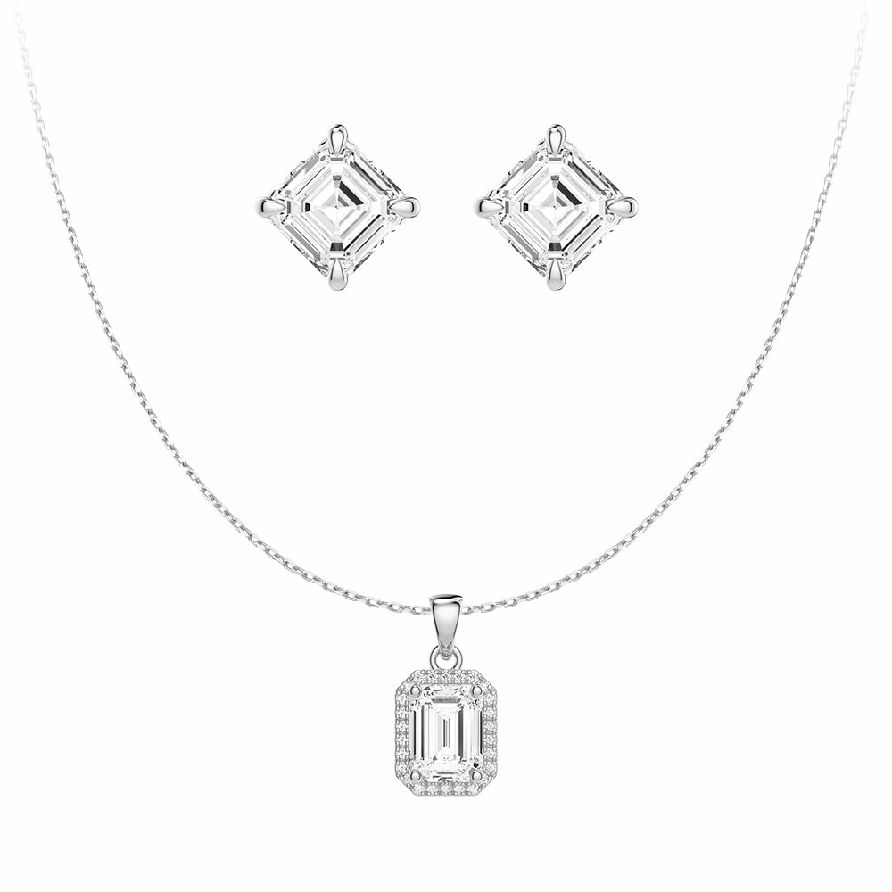 Emerald Cut Diamond Pendant & Asscher Cut Moissanite Stud Earrings Set Shine Piece Charming Features