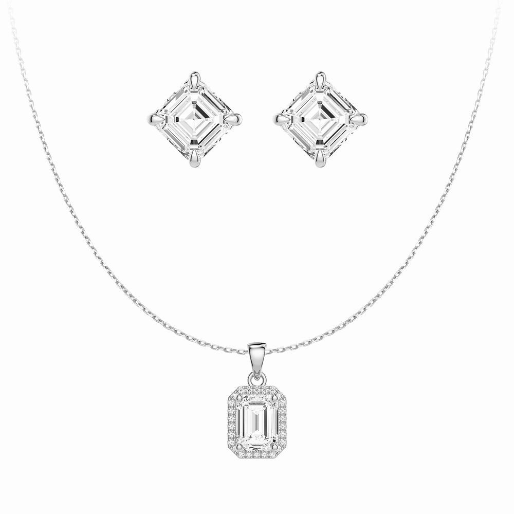 Dynamic Shape Bold Look Emerald Cut Diamond Pendant & Asscher Cut Moissanite Stud Earrings Set