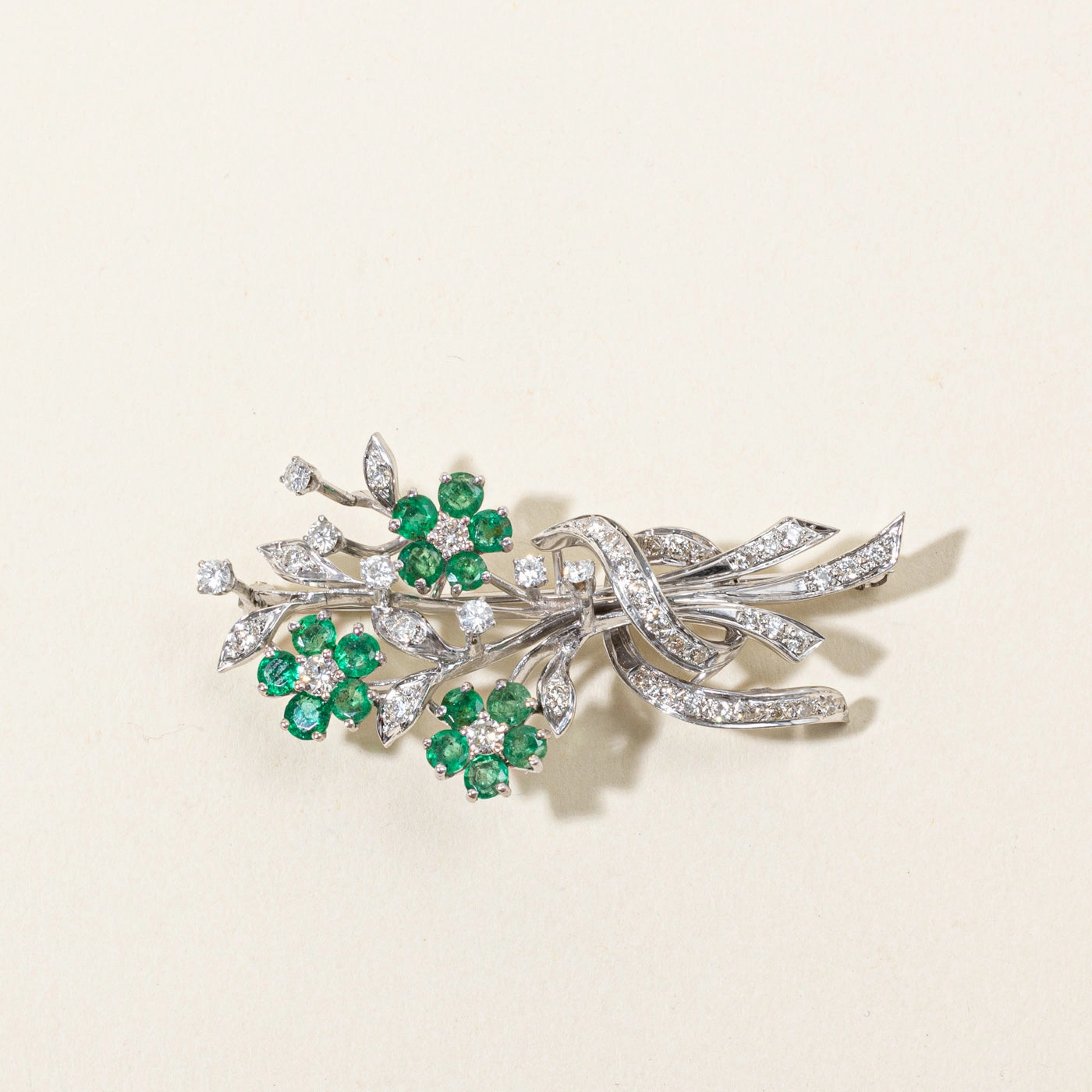 Iconic Appeal Gloss Accent Emerald & Diamond Flower Bouquet Brooch | 2.19ctw, 0.66ctw, 0.60ctw |