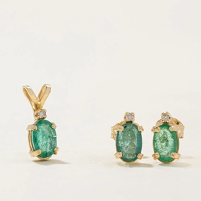 Model Ready Sophisticated Gifts Emerald & Diamond Stud Earrings & Pendant Set | 1.00ctw, 0.02ctw