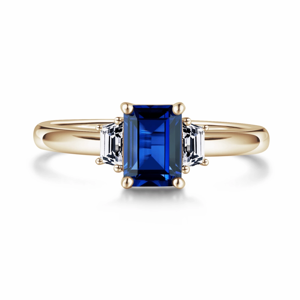 Emerald Cut Blue Sapphire and White Sapphire Three Stone Ring Everyday Fashion City Elegance