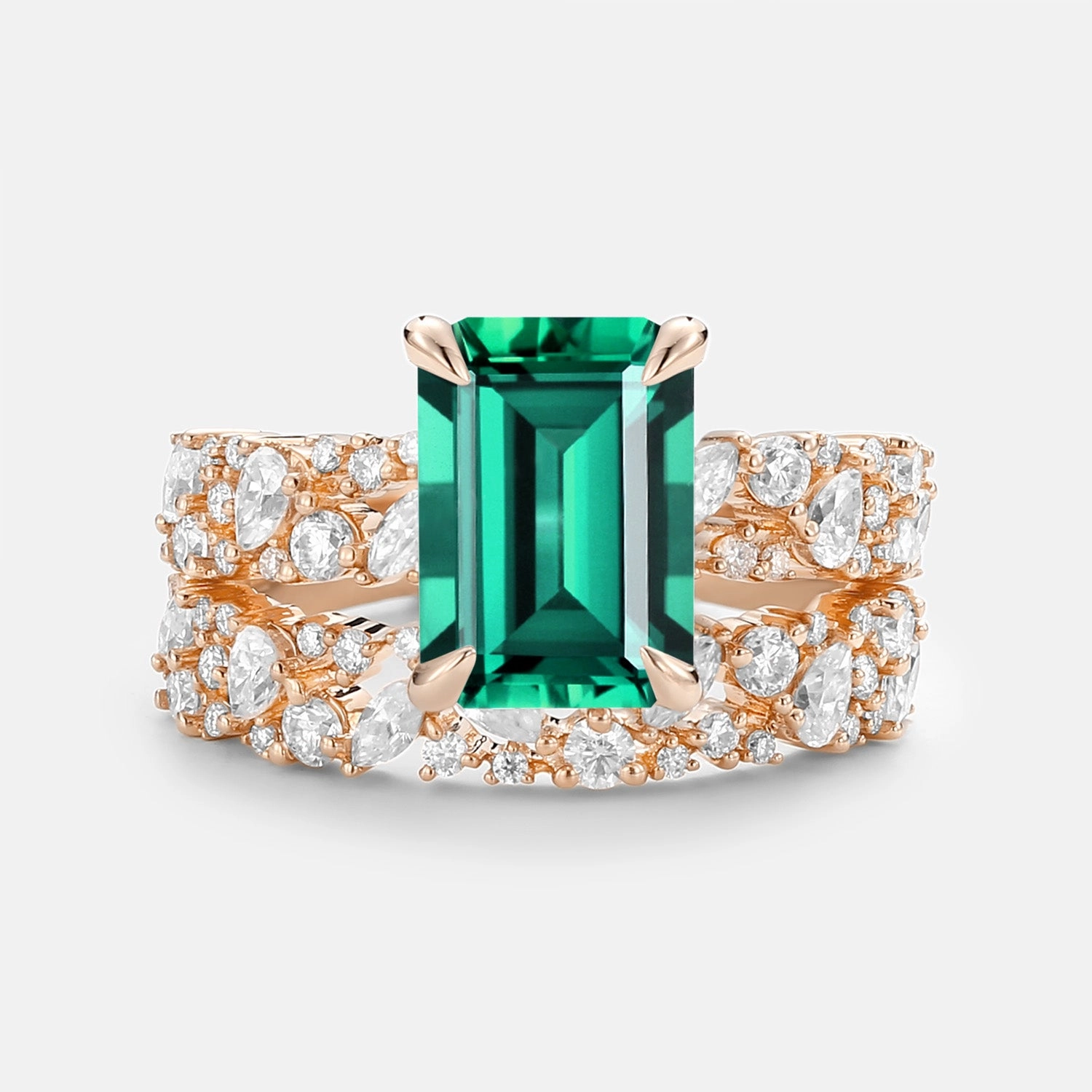 Lightweight Piece Handcrafted Beauty Emerald Cut Cluster Yellow Gold Ring Set 2pcs - Glyph