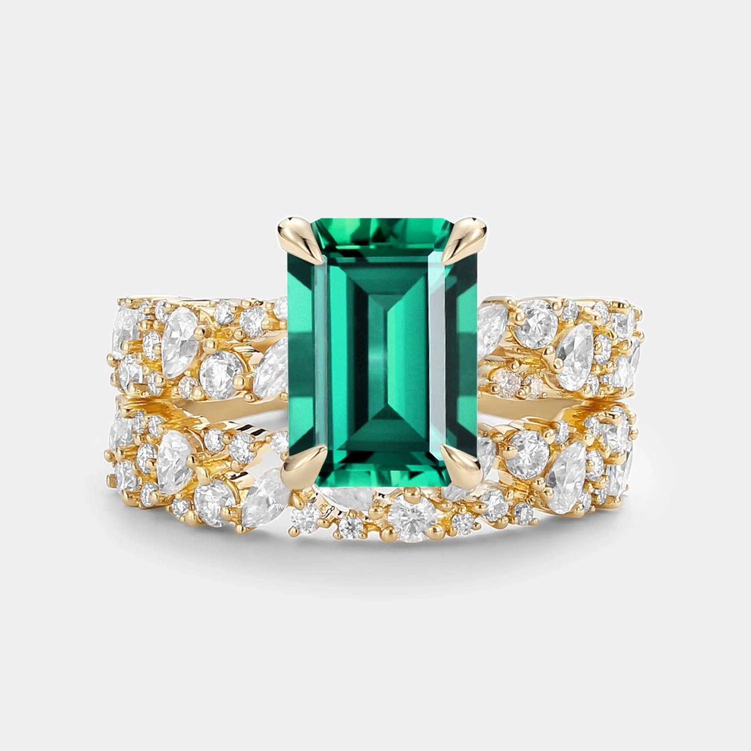 handmade touch Emerald Cut Cluster Yellow Gold Ring Set 2pcs - Glyph