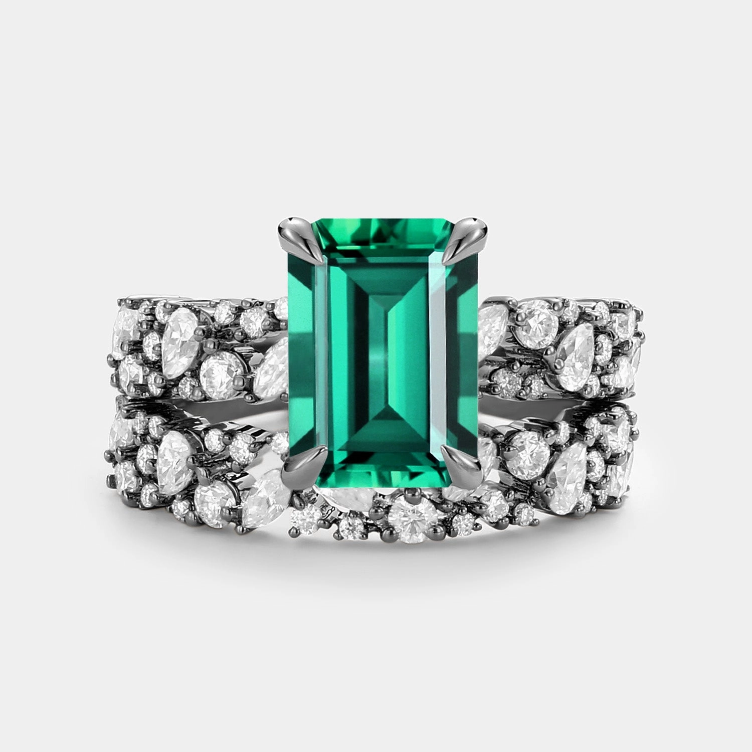 Emerald Cut Cluster Yellow Gold Ring Set 2pcs - Glyph Handmade Jewelry Pieces