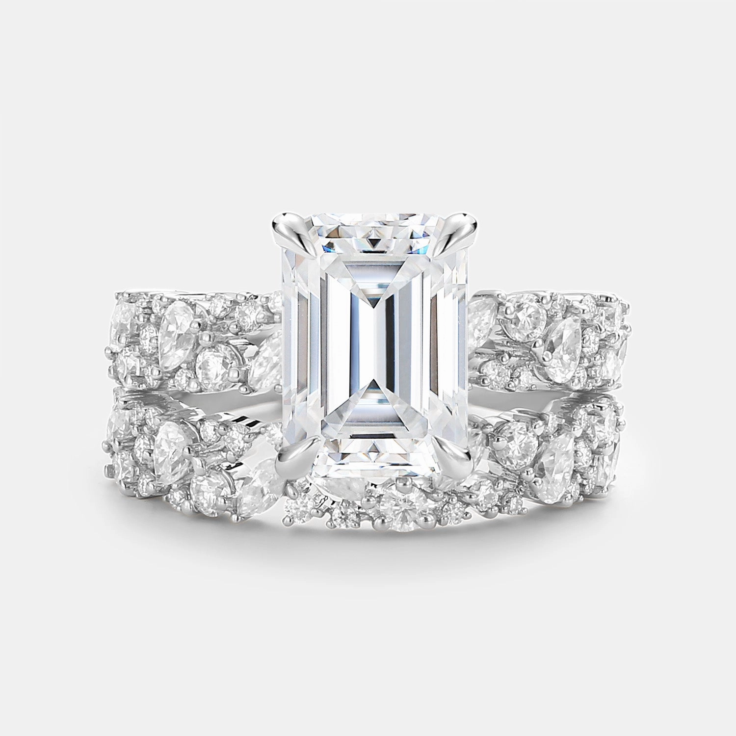 Refined Accent Emerald Cut Cluster Yellow Gold Ring Set 2pcs - Glyph