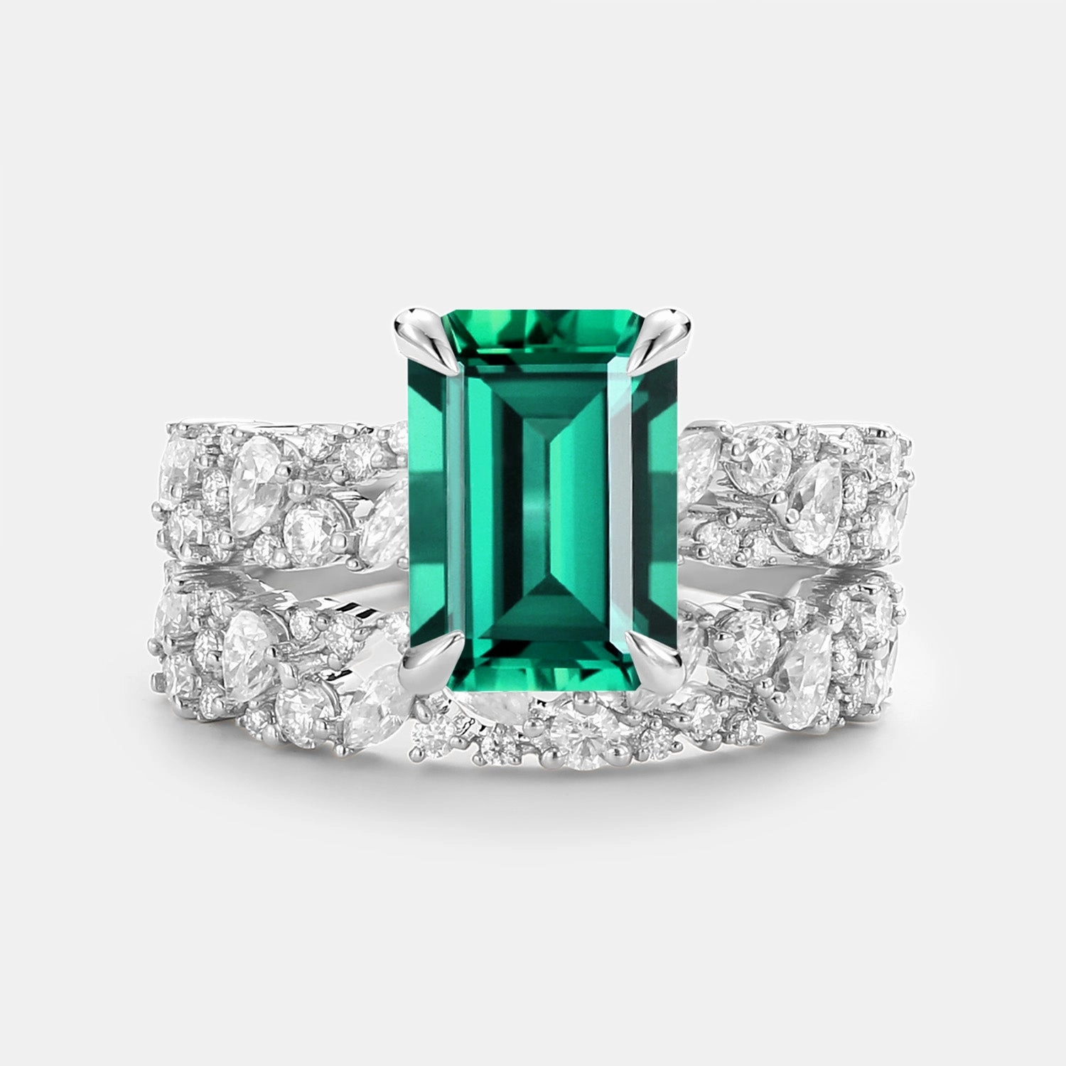 Emerald Cut Cluster Yellow Gold Ring Set 2pcs - Glyph Graceful Style Vibrant Style