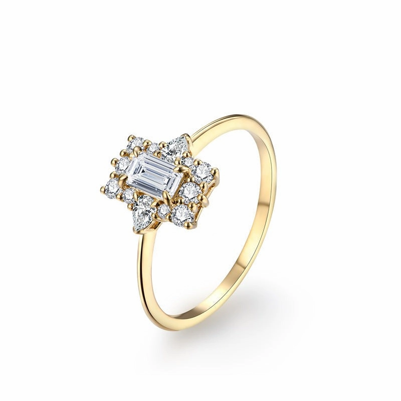 Emerald Cut Halo Engagement Ring | Moissanite | 18K Gold Golden Tone Smooth Accent