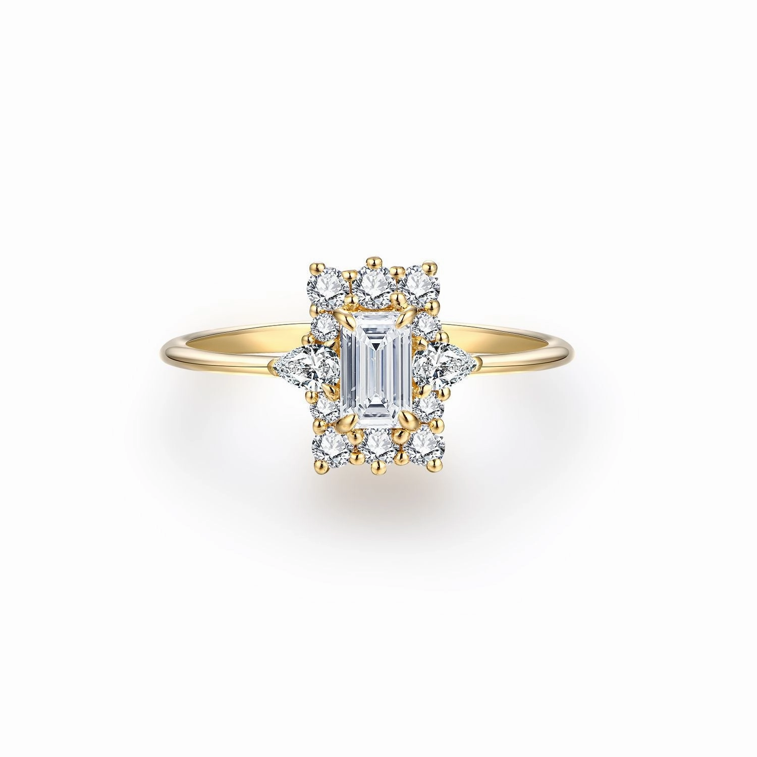 Simple Style Light Play Emerald Cut Halo Engagement Ring | Moissanite | 18K Gold
