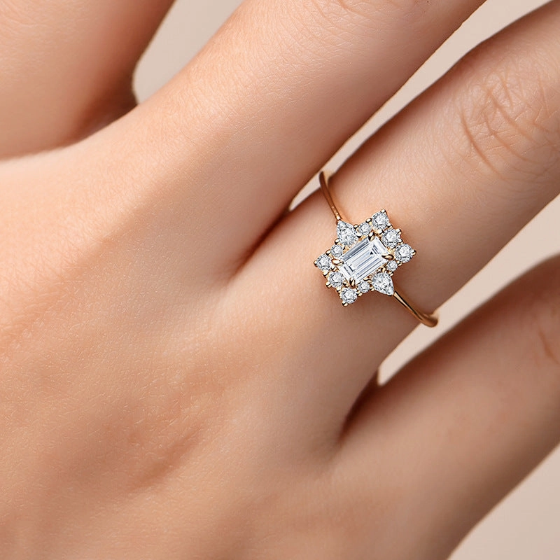 Fashionable Shine Finish Emerald Cut Halo Engagement Ring | Moissanite | 18K Gold