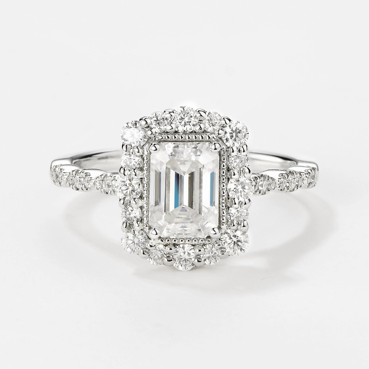 Emerald Cut Moissanite Classic White Gold Engagement Ring Flawless Sparkle Autumn Style