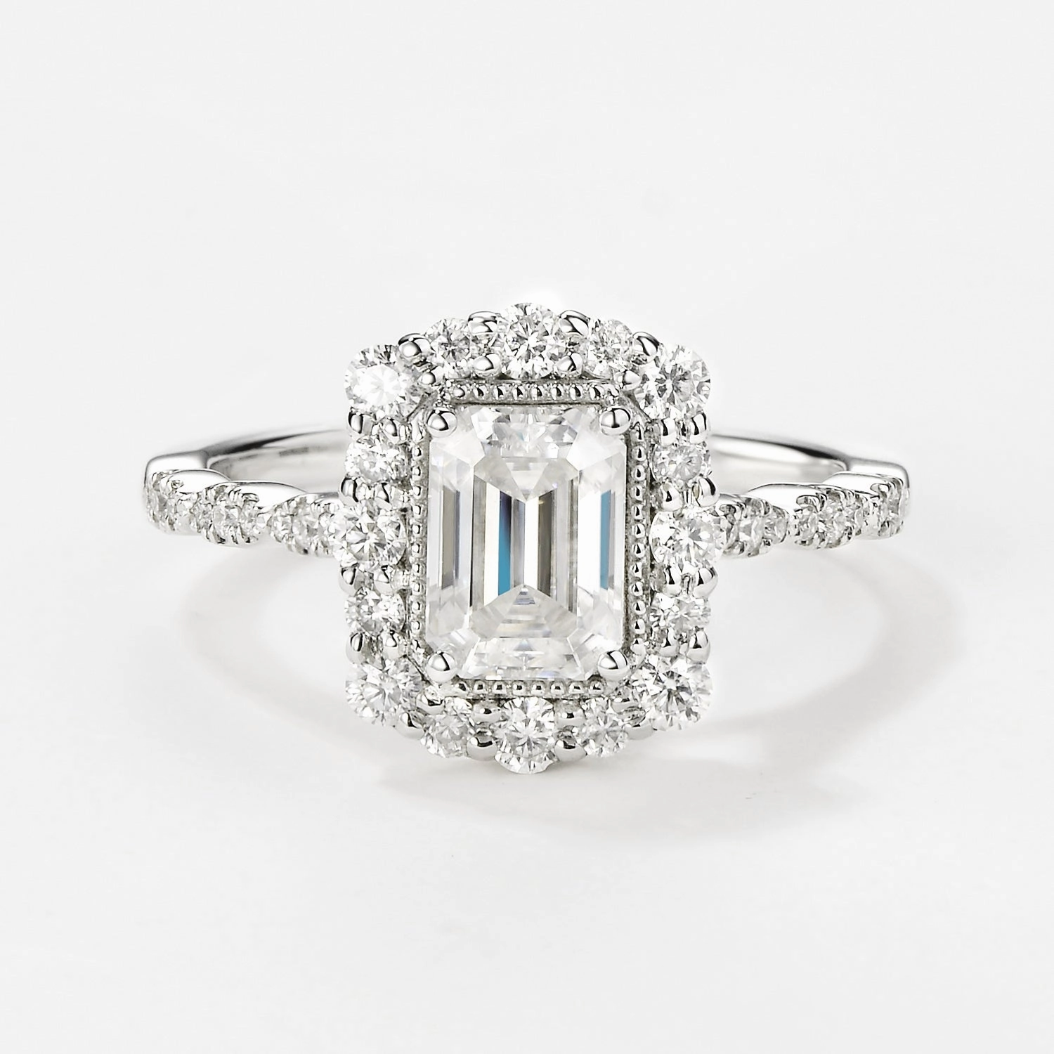 Metallic Touch Emerald Cut Moissanite Classic White Gold Engagement Ring