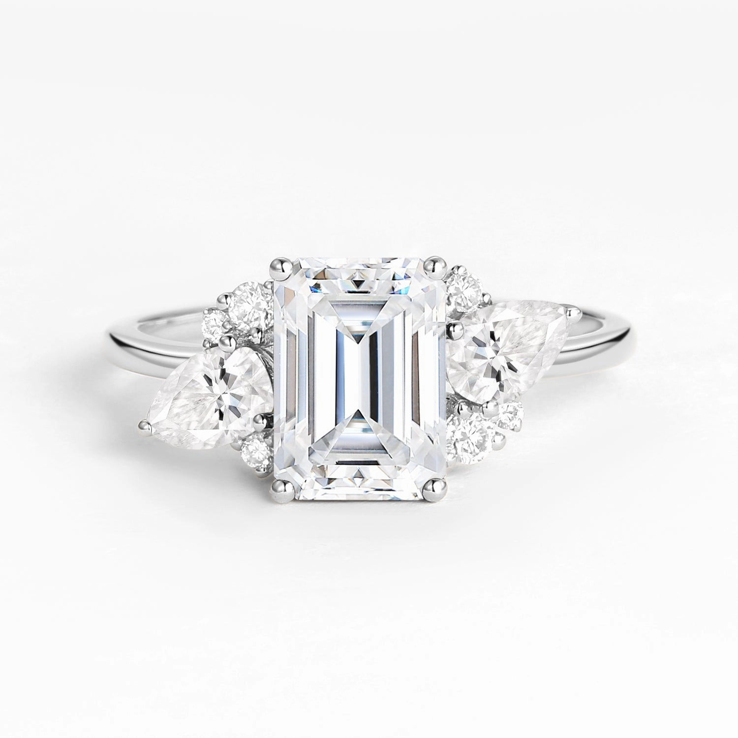Emerald Cut Moissanite Double Pear Engagement Ring Mature Style Soft feature