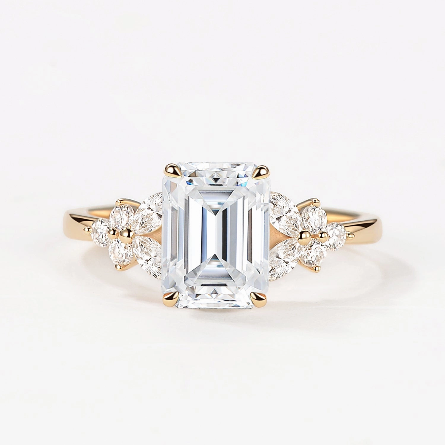 Soft Texture Emerald Cut Moissanite Floral Engagement Ring