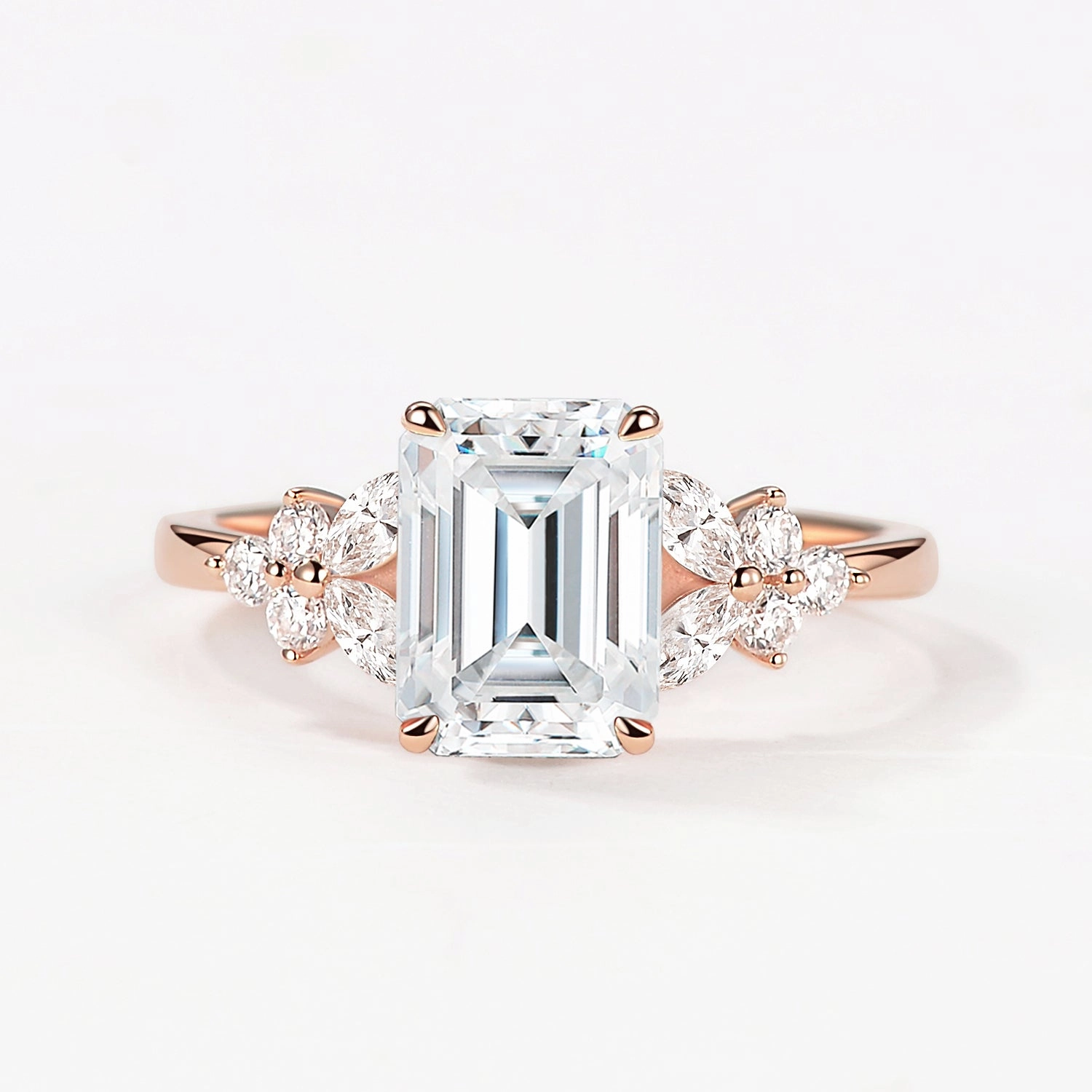 Everyday Gift Occasion Perfect Emerald Cut Moissanite Floral Engagement Ring