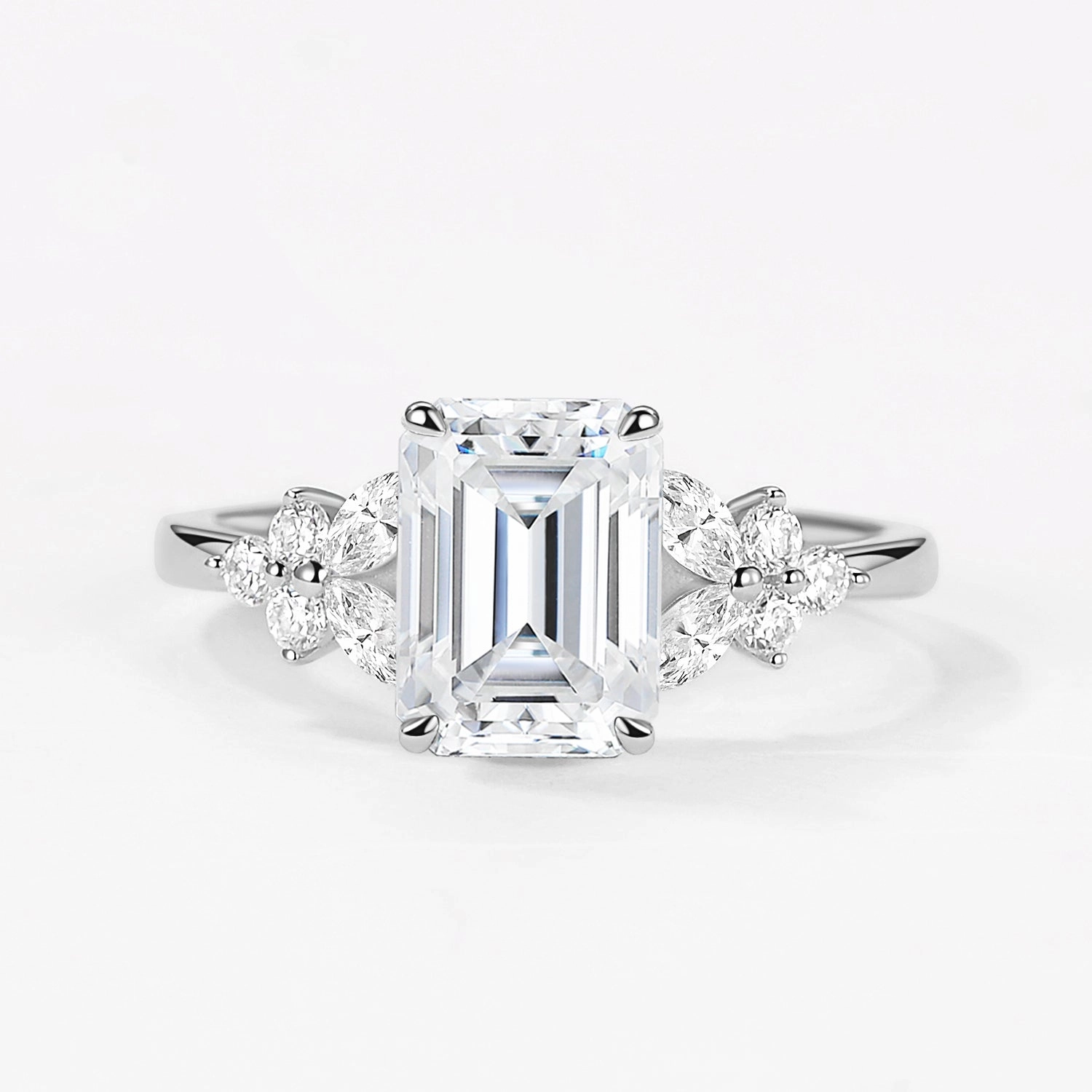 Emerald Cut Moissanite Floral Engagement Ring Delicate Accent Glow Vibe