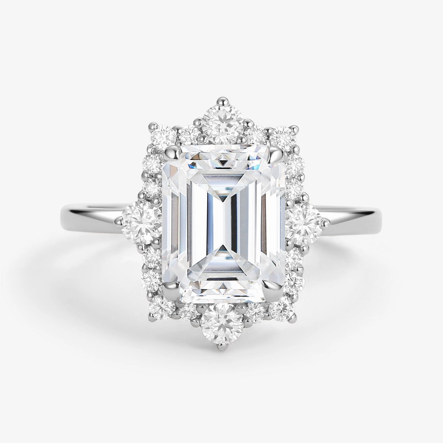 Emerald Cut Moissanite Halo Engagement Ring Contemporary Style