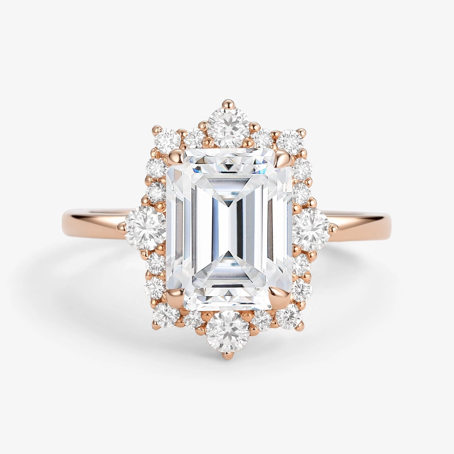 Emerald Cut Moissanite Halo Engagement Ring Unique Look Lively Spark